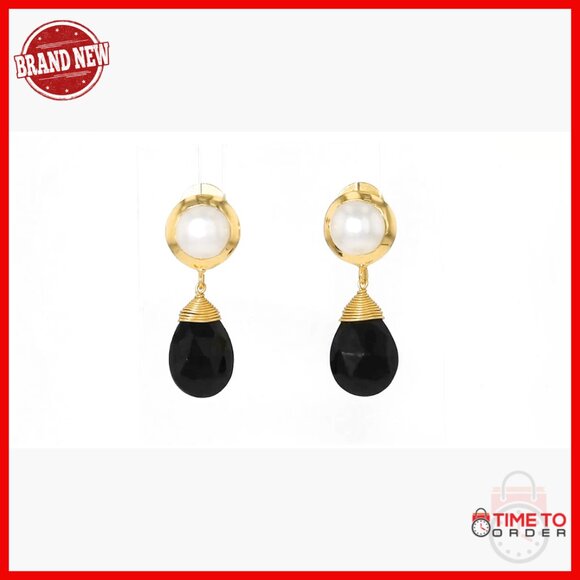 7.5-8mm Cultured Pearl Onyx Drop Earrings 18kt Gold Over Sterling